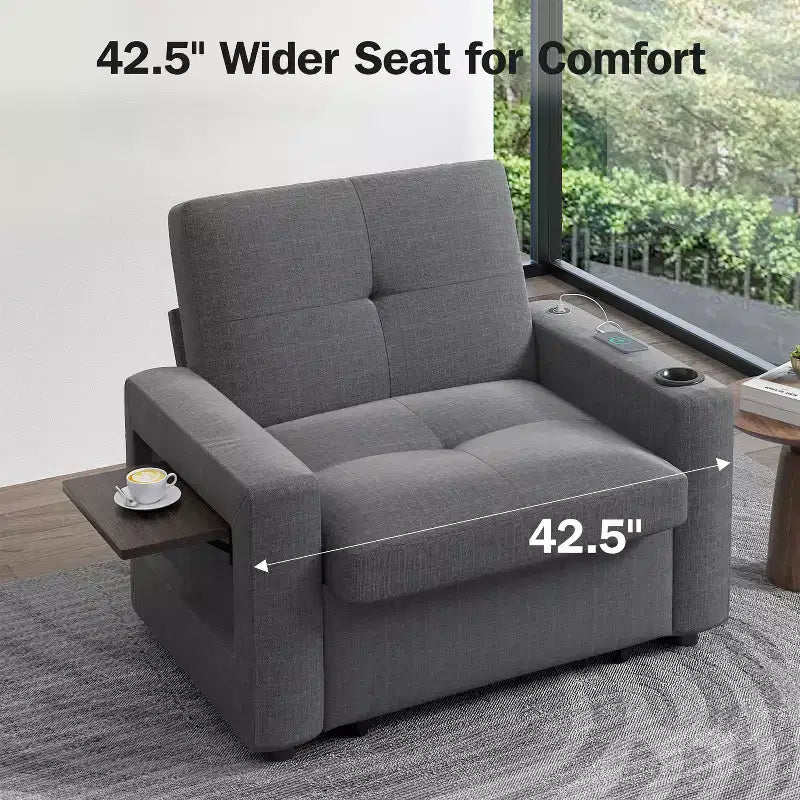 Dyonery 3-in-1 Sleeper Sofa Chair Bed, 42.5 W Convertible Sleeper Chair with Pull Out Bed, USB Charging Ports & Side Table, Cup Holder