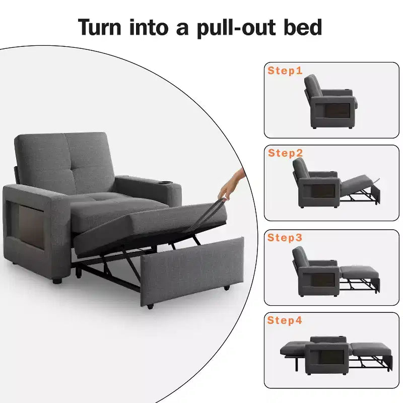 Dyonery 3-in-1 Sleeper Sofa Chair Bed, 42.5 W Convertible Sleeper Chair with Pull Out Bed, USB Charging Ports & Side Table, Cup Holder