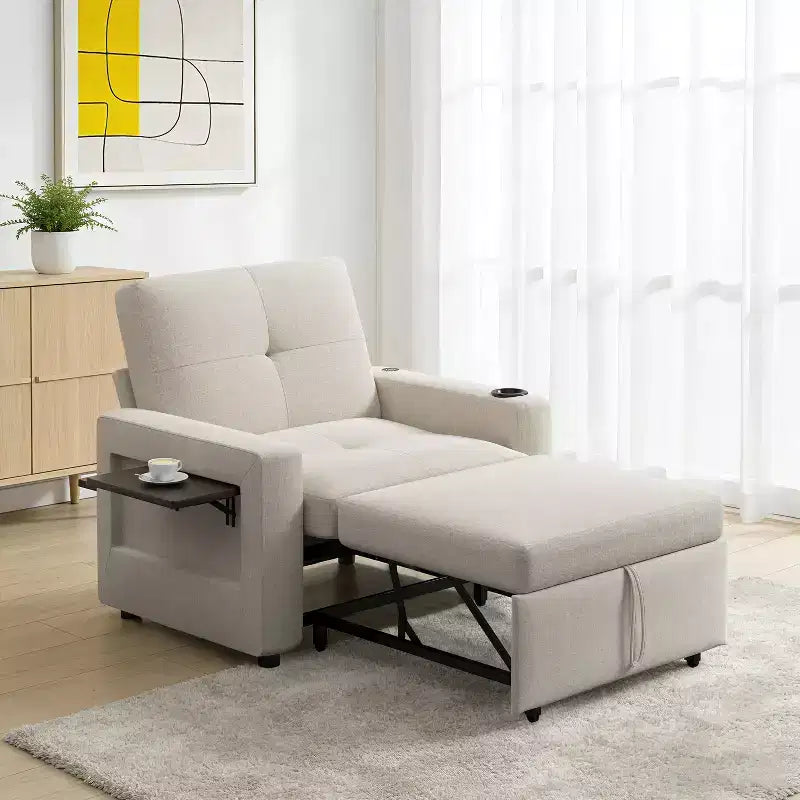 Dyonery 3-in-1 Sleeper Sofa Chair Bed, 42.5 W Convertible Sleeper Chair with Pull Out Bed, USB Charging Ports & Side Table, Cup Holder