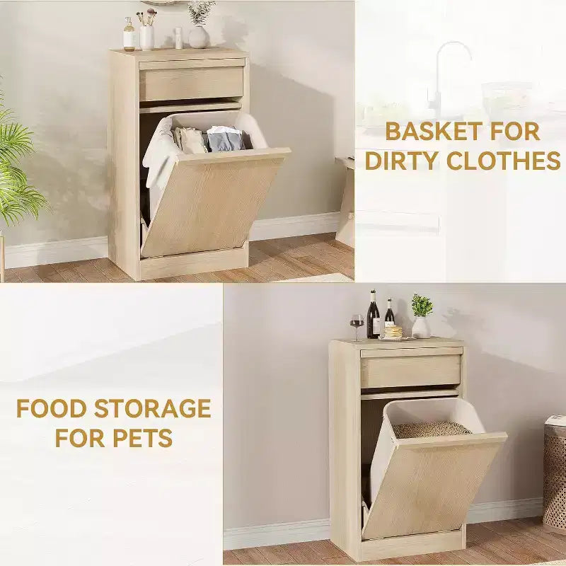 Tilt Out Trash Cabinet, with 10 Gallon Storage, Hidden Freestanding Garbage Can Cabinet Laundry Hamper for Kitchen Dining Living Room