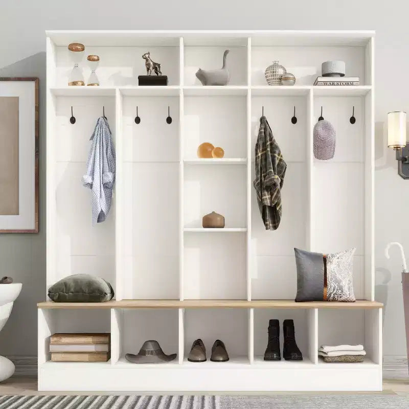 CLIHOME Wide Design Hall Tree with Storage Bench, Minimalist Shoe Cabinet with Cube Storage & Shelves