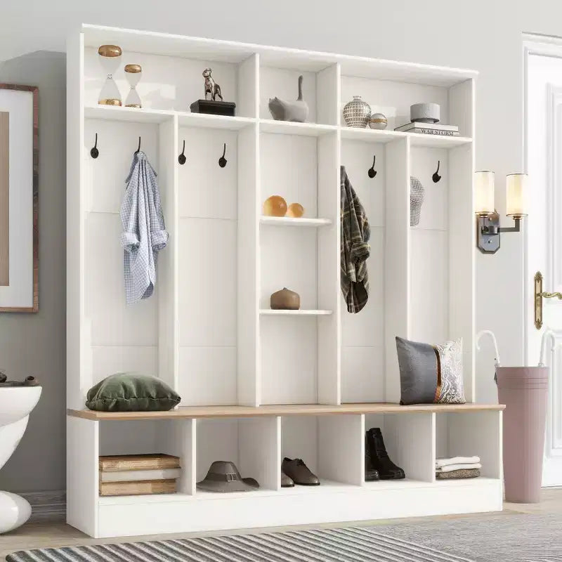 CLIHOME Wide Design Hall Tree with Storage Bench, Minimalist Shoe Cabinet with Cube Storage & Shelves