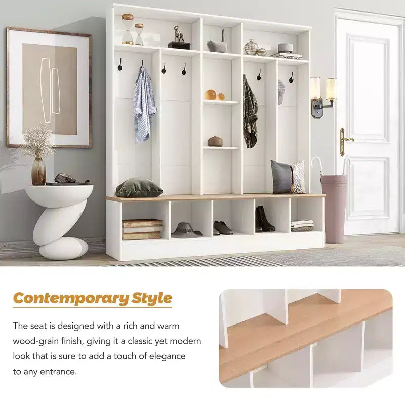 CLIHOME Wide Design Hall Tree with Storage Bench, Minimalist Shoe Cabinet with Cube Storage & Shelves