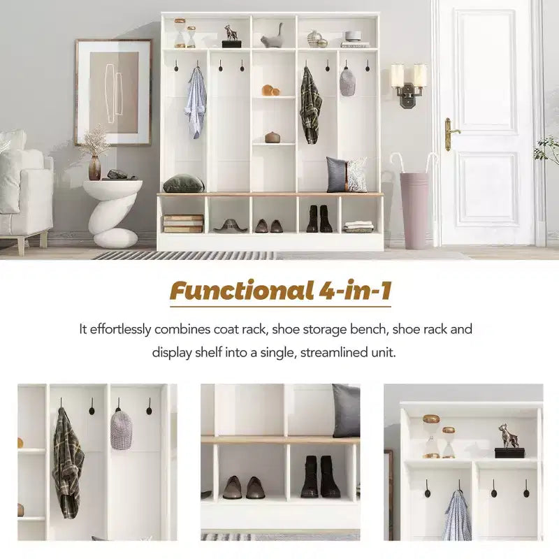 CLIHOME Wide Design Hall Tree with Storage Bench, Minimalist Shoe Cabinet with Cube Storage & Shelves