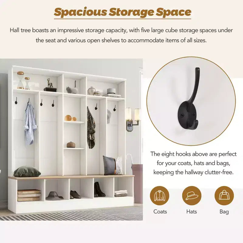 CLIHOME Wide Design Hall Tree with Storage Bench, Minimalist Shoe Cabinet with Cube Storage & Shelves