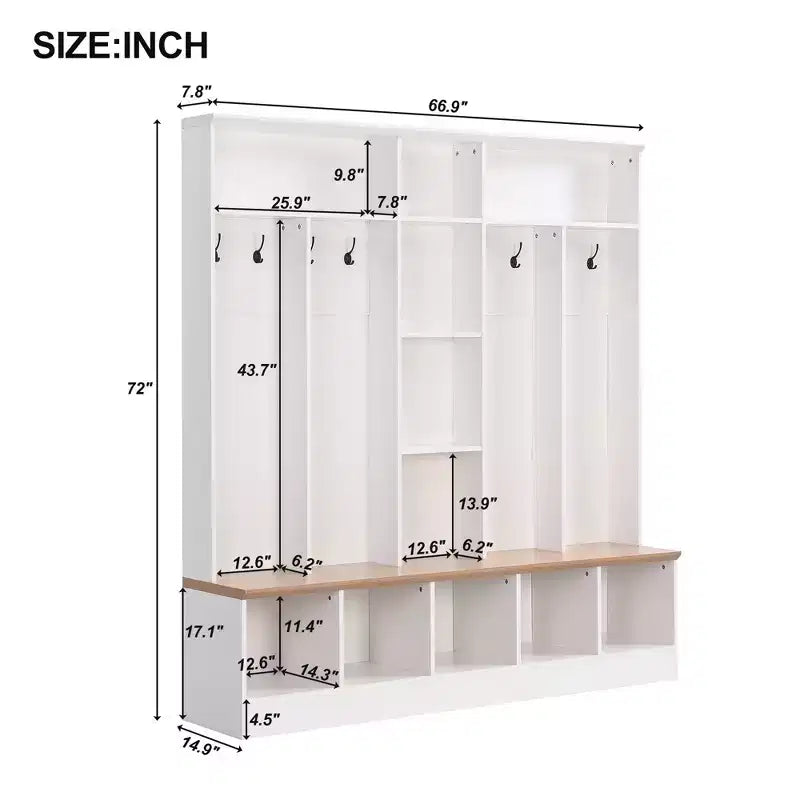 CLIHOME Wide Design Hall Tree with Storage Bench, Minimalist Shoe Cabinet with Cube Storage & Shelves