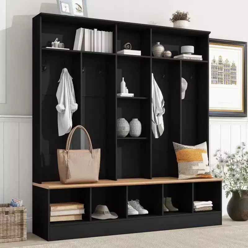 CLIHOME Wide Design Hall Tree with Storage Bench, Minimalist Shoe Cabinet with Cube Storage & Shelves