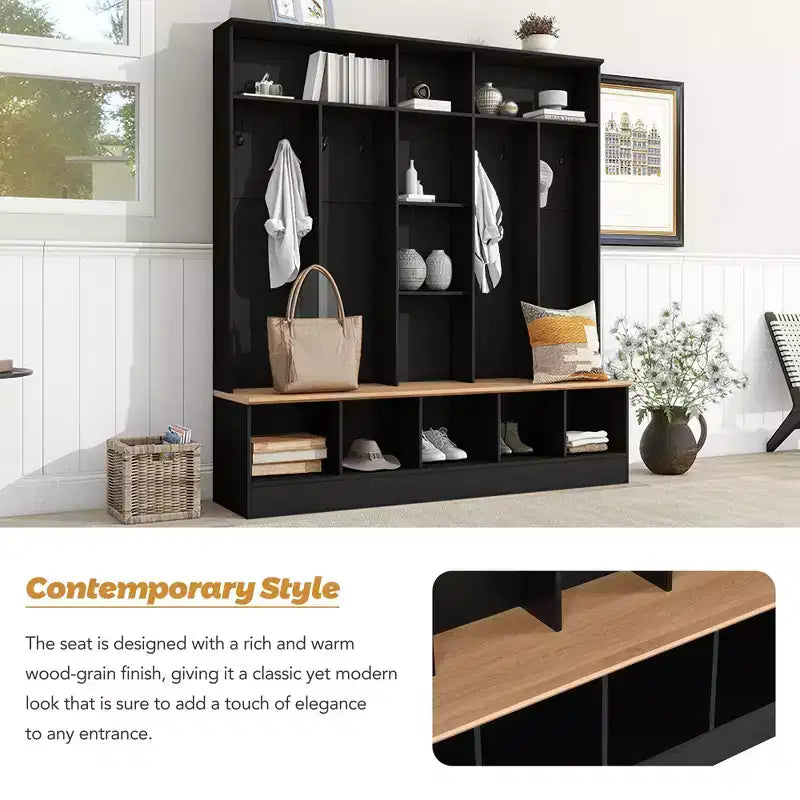 CLIHOME Wide Design Hall Tree with Storage Bench, Minimalist Shoe Cabinet with Cube Storage & Shelves