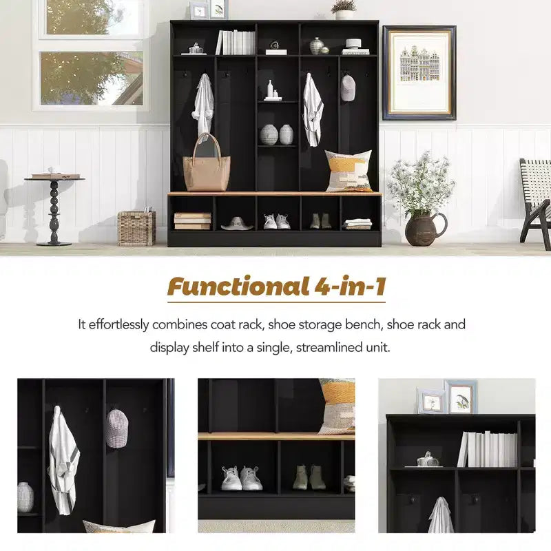 CLIHOME Wide Design Hall Tree with Storage Bench, Minimalist Shoe Cabinet with Cube Storage & Shelves
