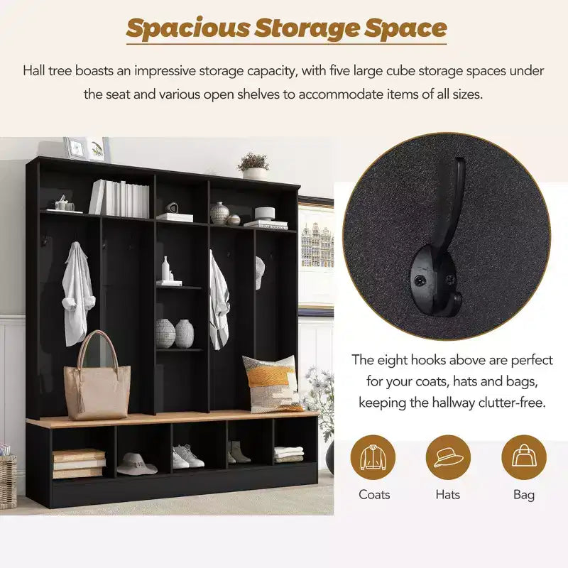 CLIHOME Wide Design Hall Tree with Storage Bench, Minimalist Shoe Cabinet with Cube Storage & Shelves