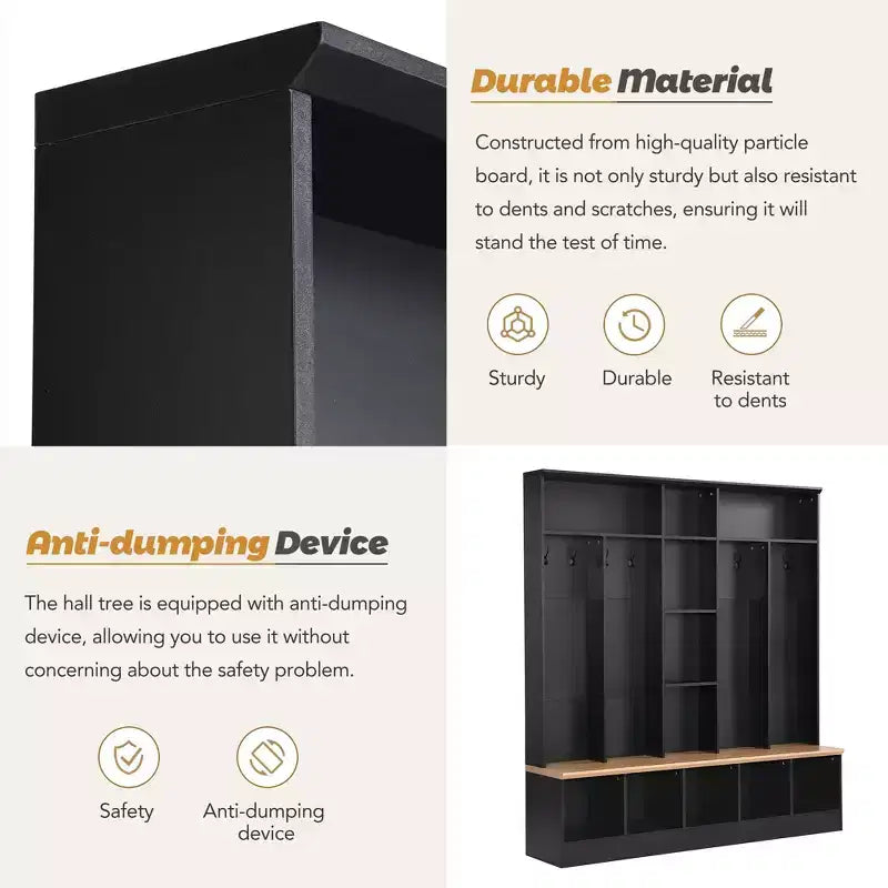 CLIHOME Wide Design Hall Tree with Storage Bench, Minimalist Shoe Cabinet with Cube Storage & Shelves