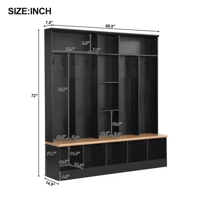 CLIHOME Wide Design Hall Tree with Storage Bench, Minimalist Shoe Cabinet with Cube Storage & Shelves