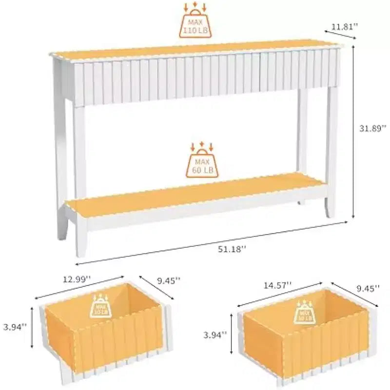 VINGLI Wavy Entryway Table with Drawers, 51 Console Table with Storage Shelf, Narrow Sofa Table, Entry Table for Living Room, Hallway, White
