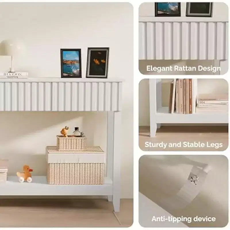 VINGLI Wavy Entryway Table with Drawers, 51 Console Table with Storage Shelf, Narrow Sofa Table, Entry Table for Living Room, Hallway, White