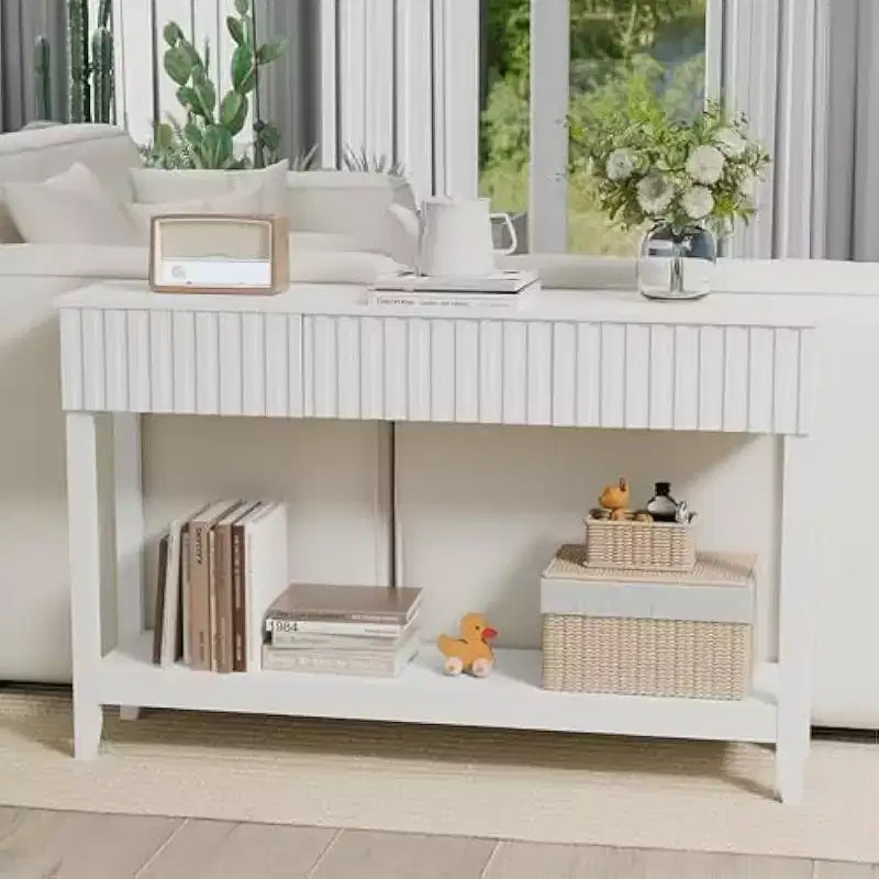 VINGLI Wavy Entryway Table with Drawers, 51 Console Table with Storage Shelf, Narrow Sofa Table, Entry Table for Living Room, Hallway, White