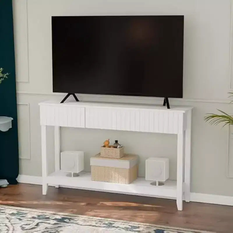 VINGLI Wavy Entryway Table with Drawers, 51 Console Table with Storage Shelf, Narrow Sofa Table, Entry Table for Living Room, Hallway, White