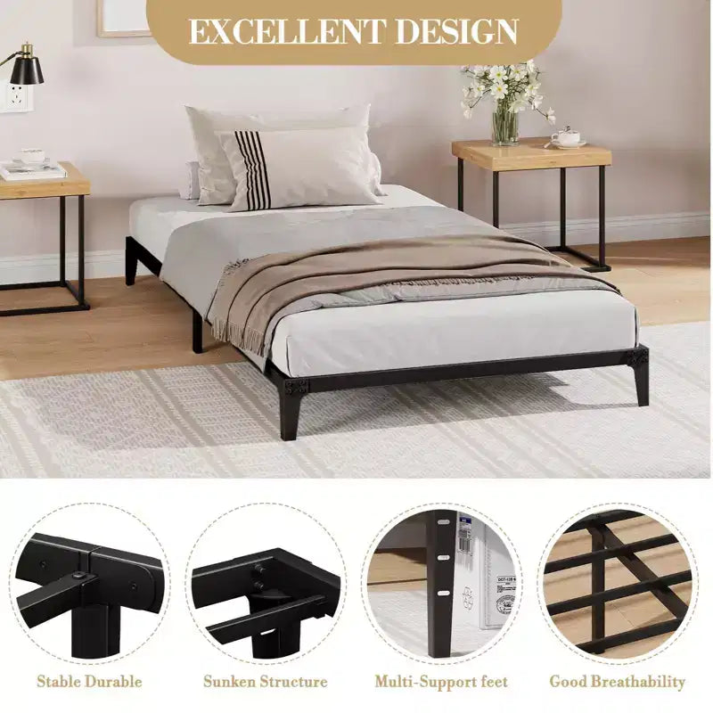 Bed Frame, Metal Platform Bed Frame No Box Spring Needed, Heavy Duty Bed Frame with Under-Bed Storage Space, Sturdy Metal Slat Support