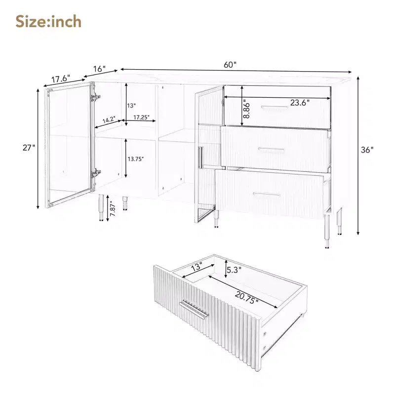Modern Sideboard MDF Buffet Cabinet Marble Sticker Tabletop and Amber-yellow Tempered Glass Doors with Gold Metal Legs and Handles Navy Blue
