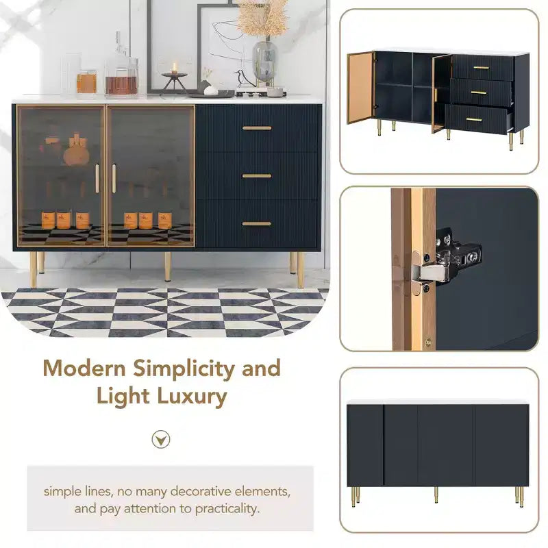 Modern Sideboard MDF Buffet Cabinet Marble Sticker Tabletop and Amber-yellow Tempered Glass Doors with Gold Metal Legs and Handles Navy Blue