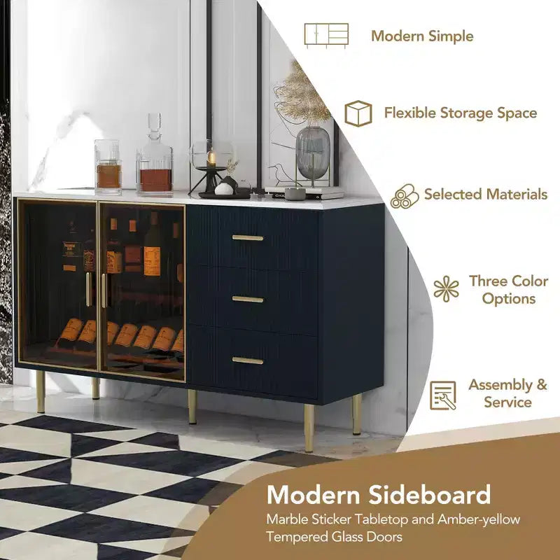Modern Sideboard MDF Buffet Cabinet Marble Sticker Tabletop and Amber-yellow Tempered Glass Doors with Gold Metal Legs and Handles Navy Blue