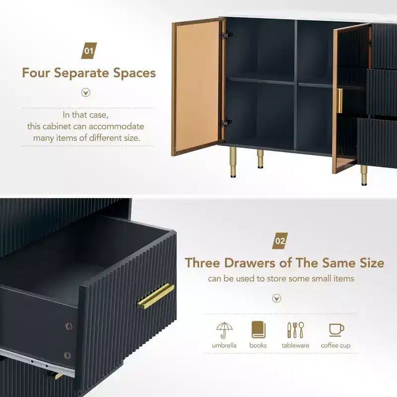 Modern Sideboard MDF Buffet Cabinet Marble Sticker Tabletop and Amber-yellow Tempered Glass Doors with Gold Metal Legs and Handles Navy Blue