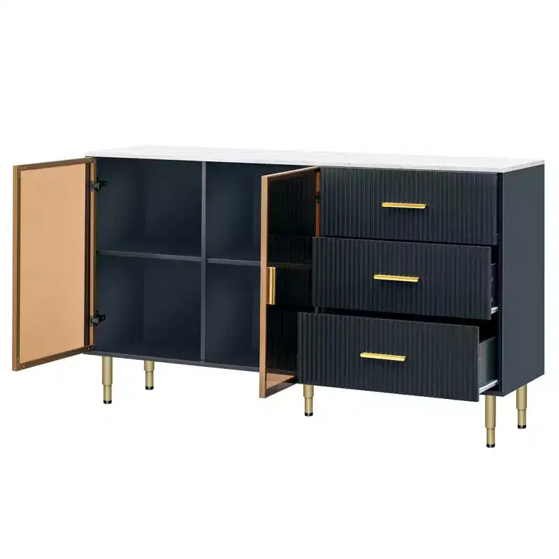 Modern Sideboard MDF Buffet Cabinet Marble Sticker Tabletop and Amber-yellow Tempered Glass Doors with Gold Metal Legs and Handles Navy Blue