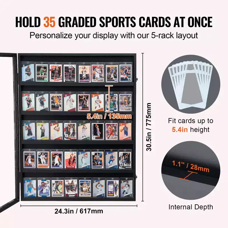 VEVOR 35 Graded Sports Card Display Case, 24.3x30.5x2.1 in, Baseball Card Display Frame with 98% UV Protection Clear View PC Glass, Black