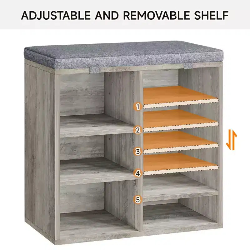 Shoe Bench with Padded Seat, Shoe Storage Bench w/Adjustable Shelves & Side Pockets, 5 Cubes Storage Organizer for Entryway, Porch, Mudroom