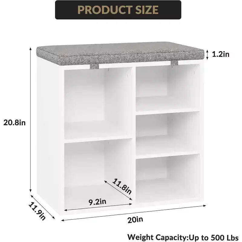 Shoe Bench with Padded Seat, Shoe Storage Bench w/Adjustable Shelves & Side Pockets, 5 Cubes Storage Organizer for Entryway, Porch, Mudroom