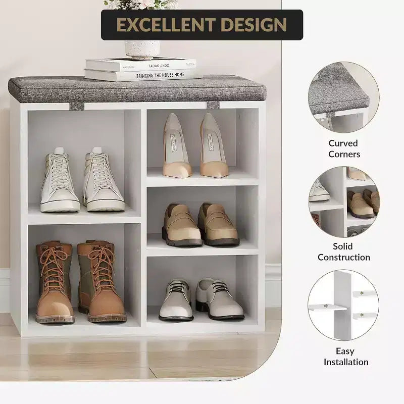 Shoe Bench with Padded Seat, Shoe Storage Bench w/Adjustable Shelves & Side Pockets, 5 Cubes Storage Organizer for Entryway, Porch, Mudroom