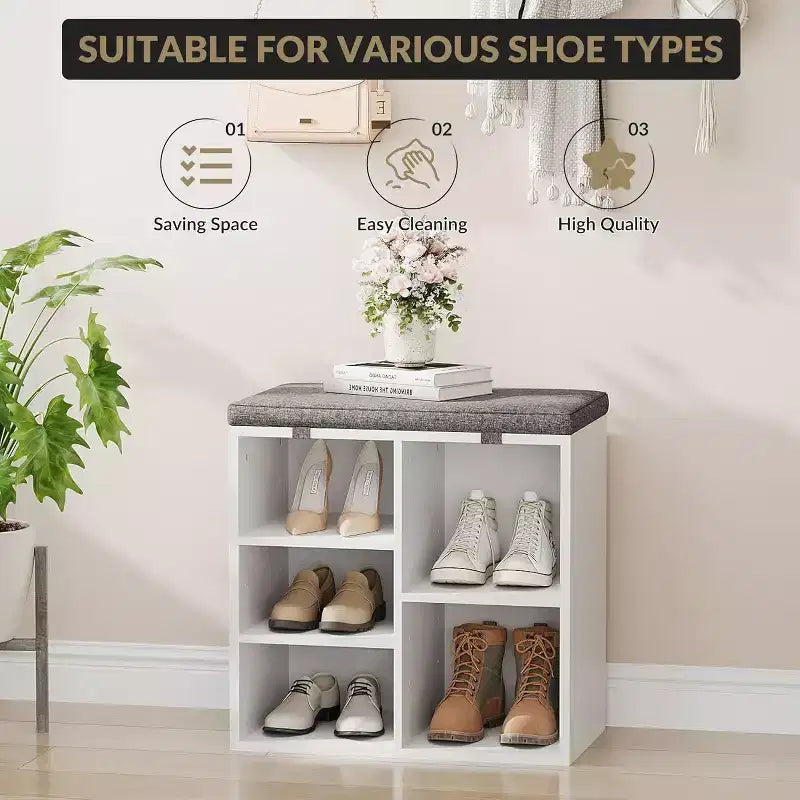 Shoe Bench with Padded Seat, Shoe Storage Bench w/Adjustable Shelves & Side Pockets, 5 Cubes Storage Organizer for Entryway, Porch, Mudroom