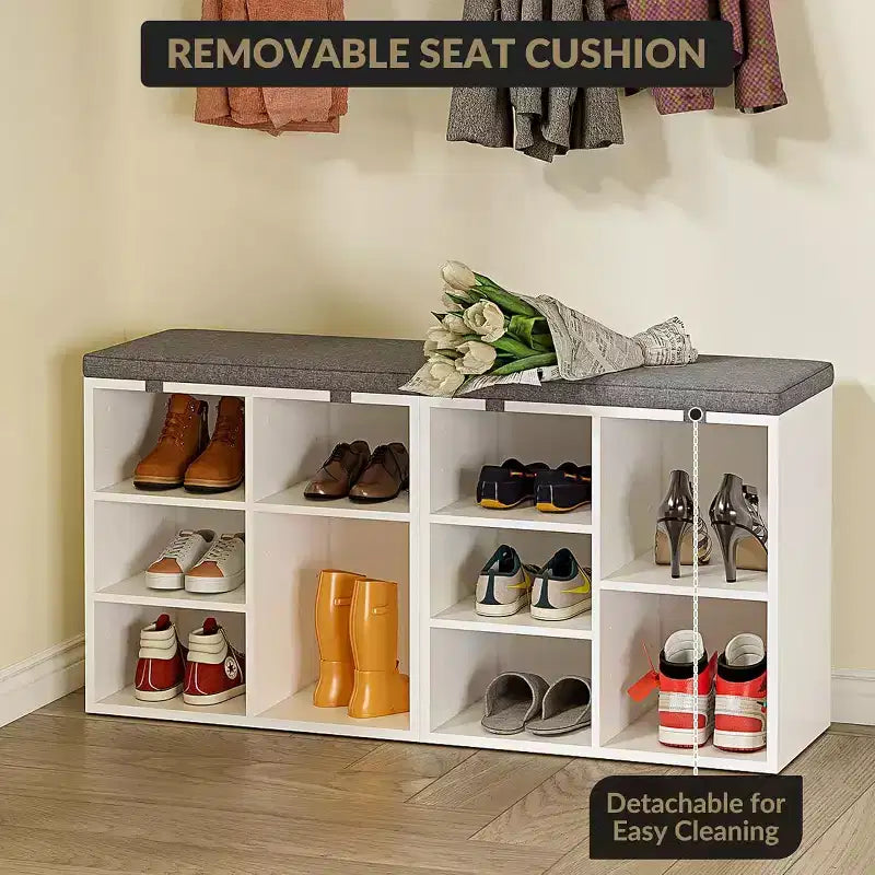 Shoe Bench with Padded Seat, Shoe Storage Bench w/Adjustable Shelves & Side Pockets, 5 Cubes Storage Organizer for Entryway, Porch, Mudroom