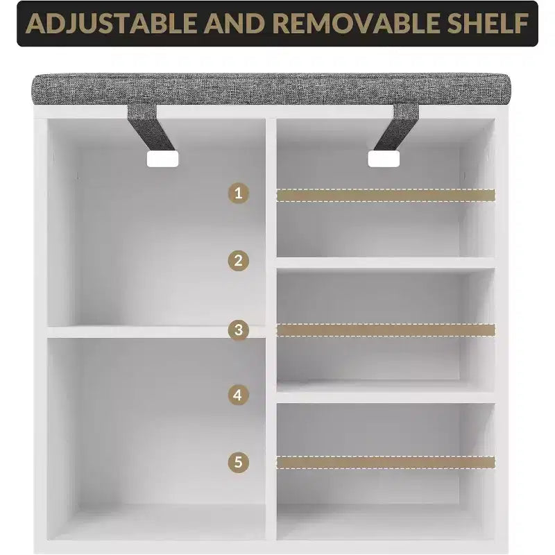 Shoe Bench with Padded Seat, Shoe Storage Bench w/Adjustable Shelves & Side Pockets, 5 Cubes Storage Organizer for Entryway, Porch, Mudroom