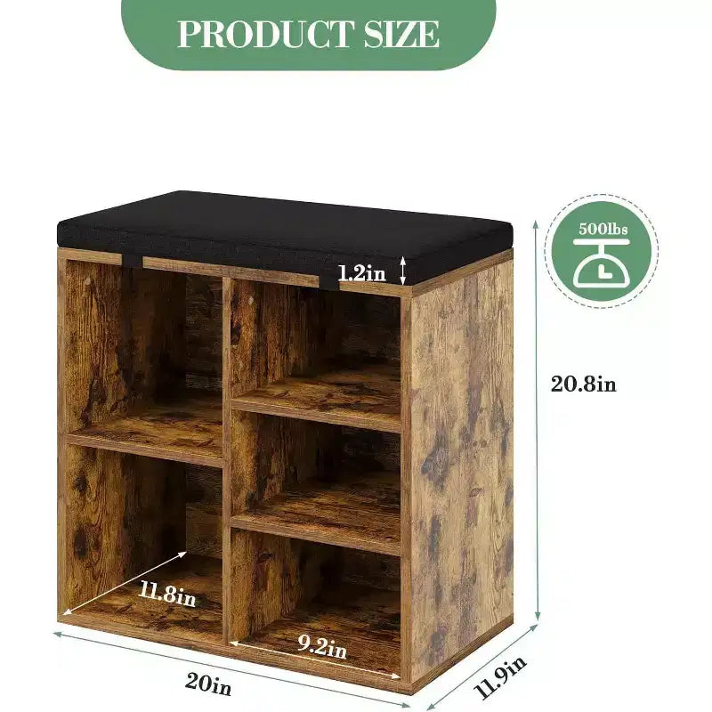 Shoe Bench with Padded Seat, Shoe Storage Bench w/Adjustable Shelves & Side Pockets, 5 Cubes Storage Organizer for Entryway, Porch, Mudroom