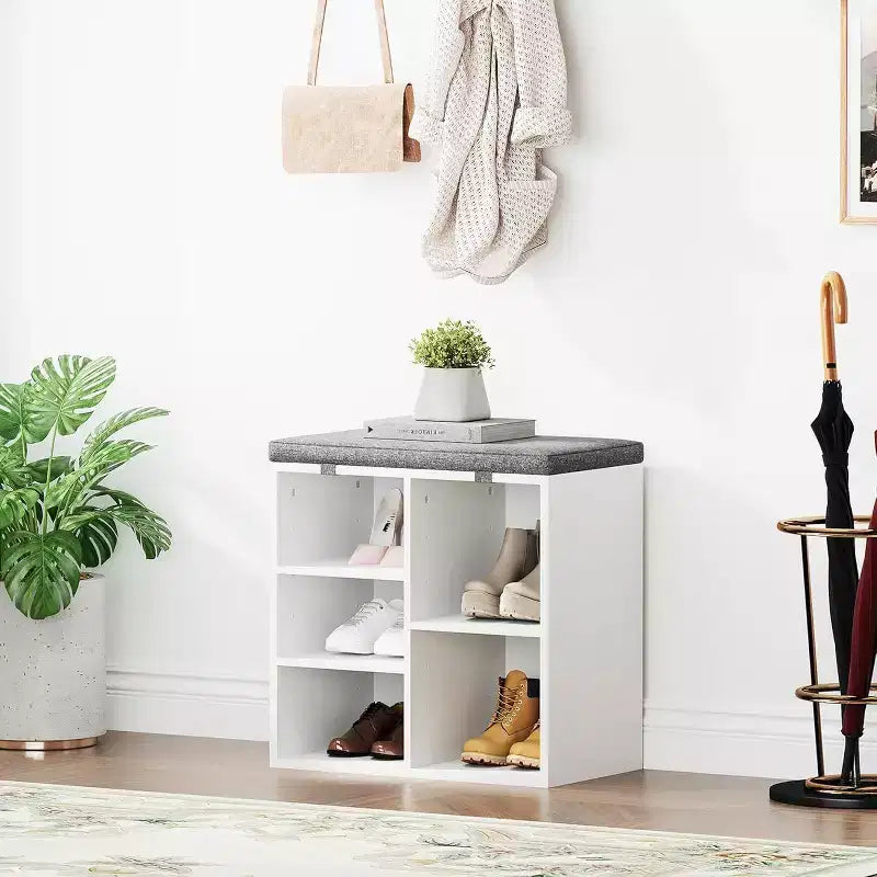 Shoe Bench with Padded Seat, Shoe Storage Bench w/Adjustable Shelves & Side Pockets, 5 Cubes Storage Organizer for Entryway, Porch, Mudroom