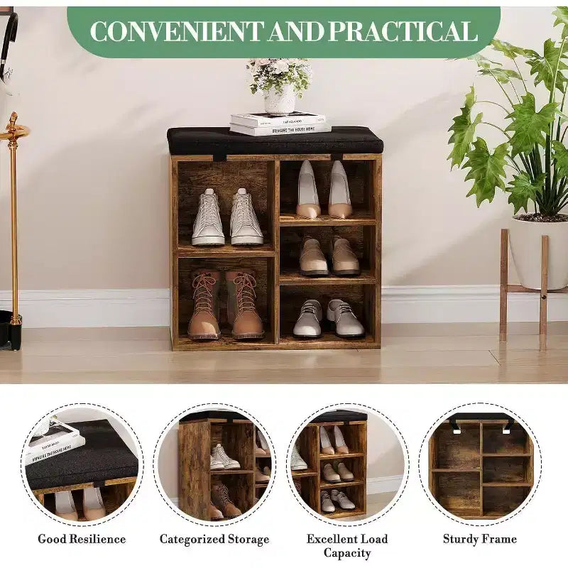 Shoe Bench with Padded Seat, Shoe Storage Bench w/Adjustable Shelves & Side Pockets, 5 Cubes Storage Organizer for Entryway, Porch, Mudroom