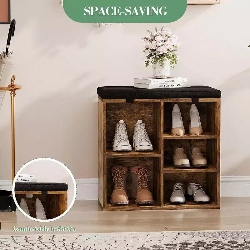 Shoe Bench with Padded Seat, Shoe Storage Bench w/Adjustable Shelves & Side Pockets, 5 Cubes Storage Organizer for Entryway, Porch, Mudroom