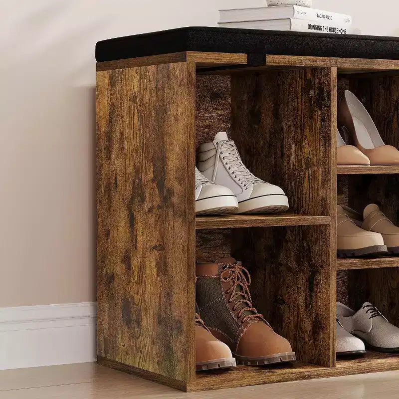 Shoe Bench with Padded Seat, Shoe Storage Bench w/Adjustable Shelves & Side Pockets, 5 Cubes Storage Organizer for Entryway, Porch, Mudroom