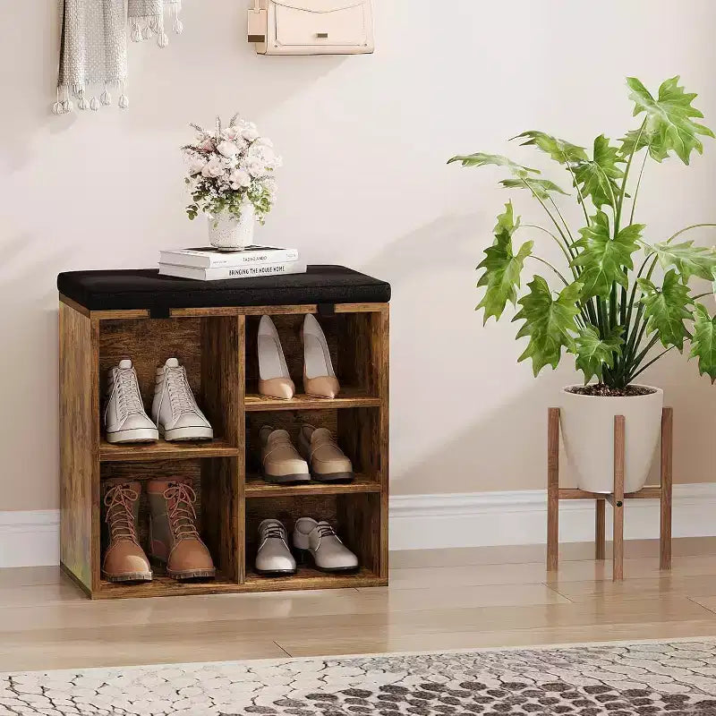 Shoe Bench with Padded Seat, Shoe Storage Bench w/Adjustable Shelves & Side Pockets, 5 Cubes Storage Organizer for Entryway, Porch, Mudroom