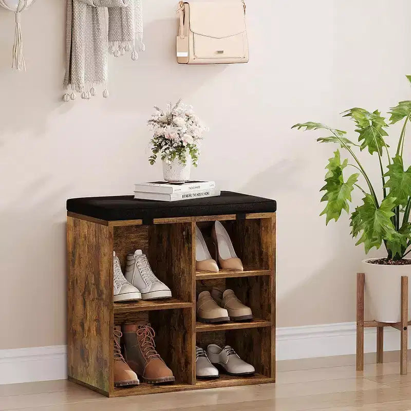 Shoe Bench with Padded Seat, Shoe Storage Bench w/Adjustable Shelves & Side Pockets, 5 Cubes Storage Organizer for Entryway, Porch, Mudroom