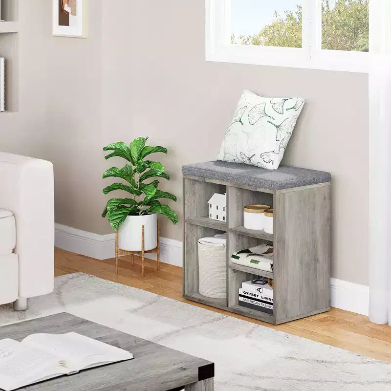 Shoe Bench with Padded Seat, Shoe Storage Bench w/Adjustable Shelves & Side Pockets, 5 Cubes Storage Organizer for Entryway, Porch, Mudroom