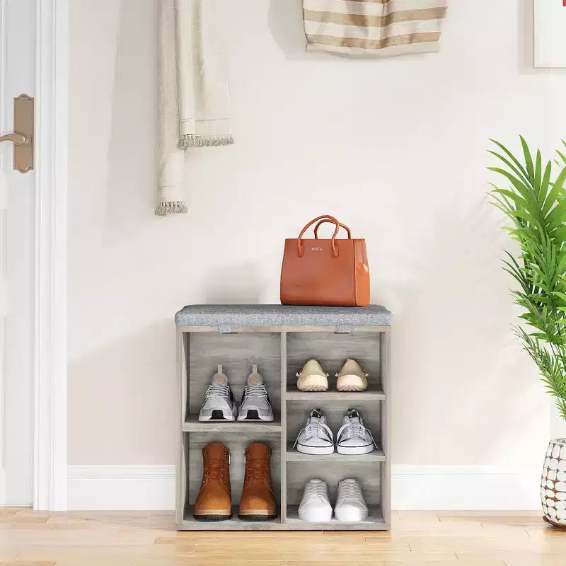 Shoe Bench with Padded Seat, Shoe Storage Bench w/Adjustable Shelves & Side Pockets, 5 Cubes Storage Organizer for Entryway, Porch, Mudroom