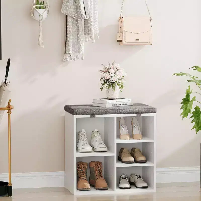 Shoe Bench with Padded Seat, Shoe Storage Bench w/Adjustable Shelves & Side Pockets, 5 Cubes Storage Organizer for Entryway, Porch, Mudroom