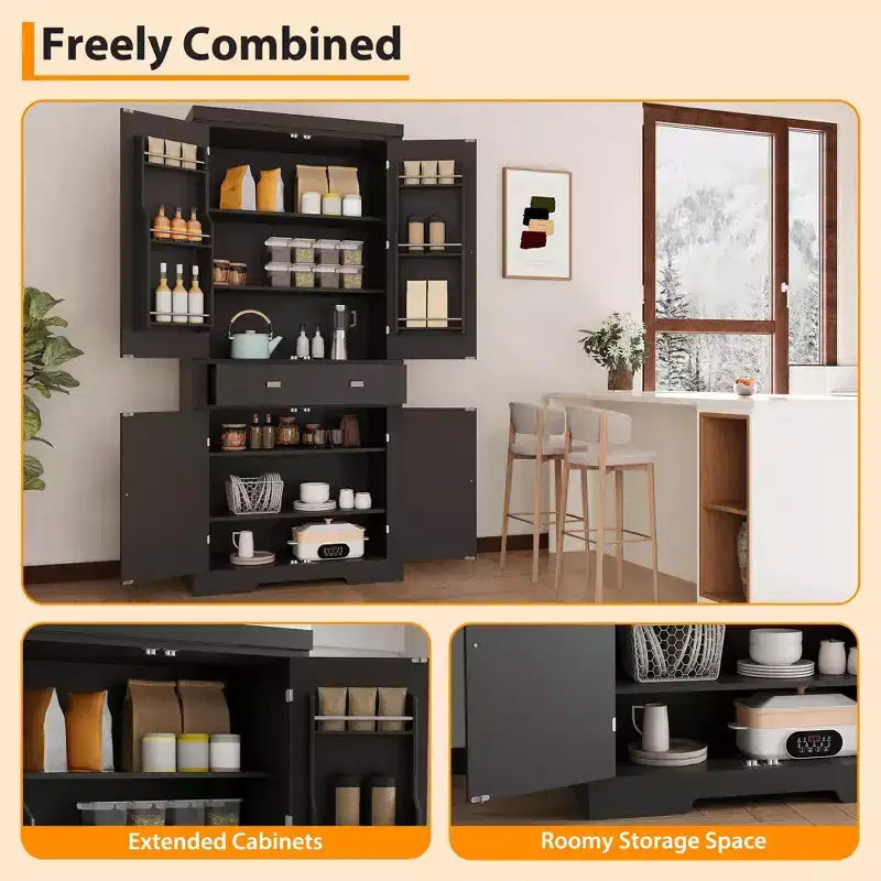 71.7 Tall Kitchen Pantry Cabinet, Freestanding Cupboard Storage Cabinet with Adjustable Shelves, Wooden Kitchen Hutch Bar Cabinet