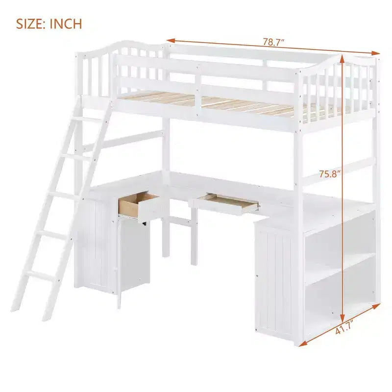 Whisen Modern Design Twin Size Wooden Loft Bed with Drawers, Cabinet, Shelves and Desk - White