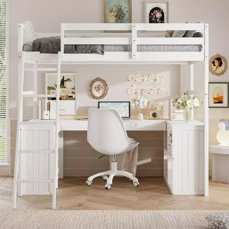 Whisen Modern Design Twin Size Wooden Loft Bed with Drawers, Cabinet, Shelves and Desk - White