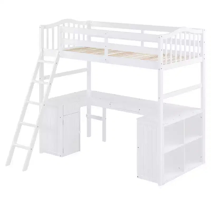 Whisen Modern Design Twin Size Wooden Loft Bed with Drawers, Cabinet, Shelves and Desk - White