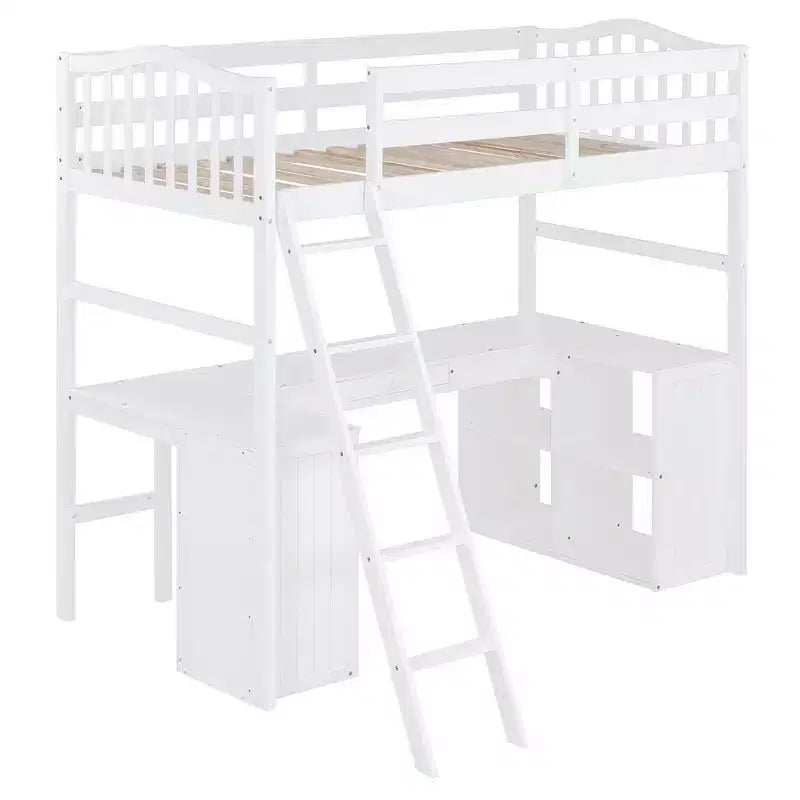 Whisen Modern Design Twin Size Wooden Loft Bed with Drawers, Cabinet, Shelves and Desk - White