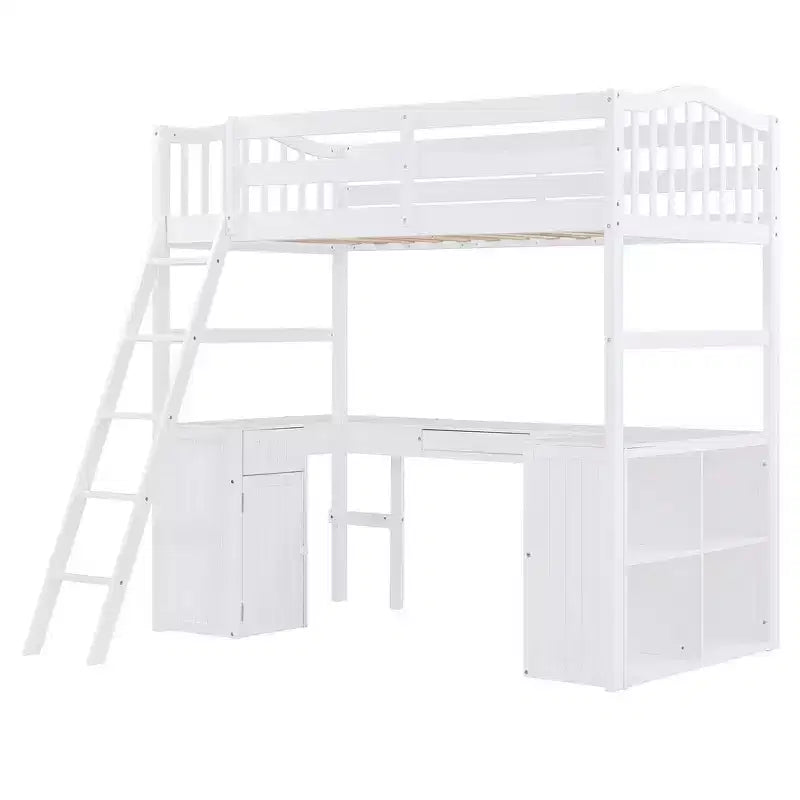 Whisen Modern Design Twin Size Wooden Loft Bed with Drawers, Cabinet, Shelves and Desk - White