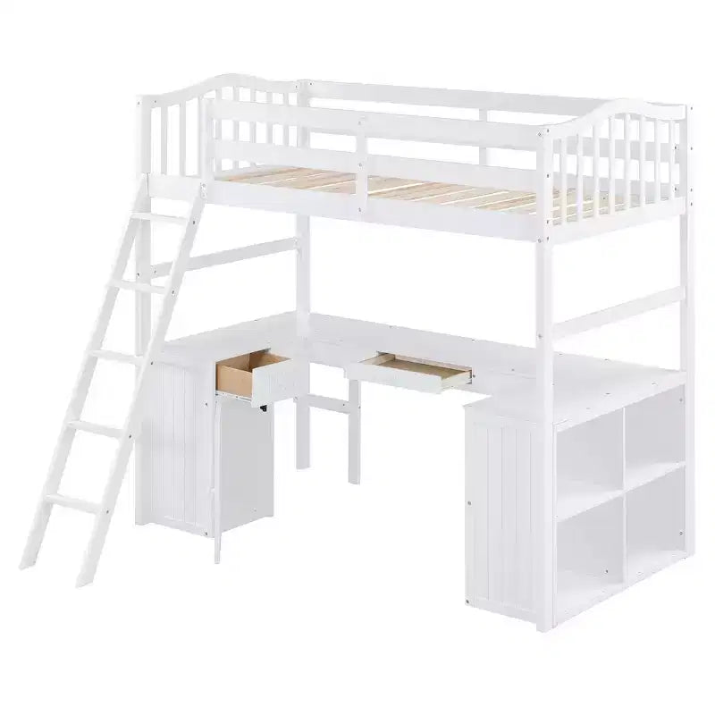 Whisen Modern Design Twin Size Wooden Loft Bed with Drawers, Cabinet, Shelves and Desk - White